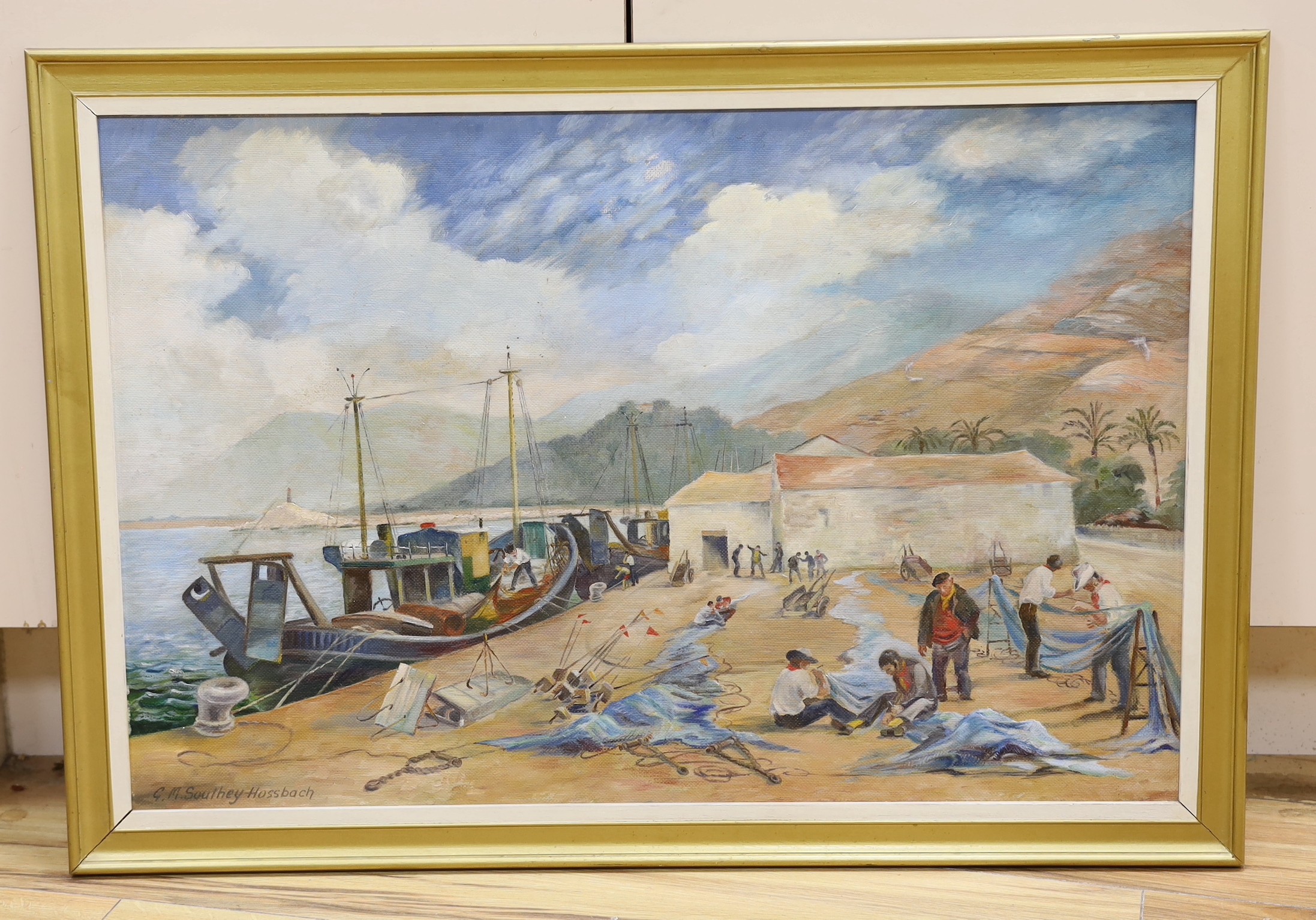 G.M. Southey-Hossbach, oil on board, 'Fishermen at their nets, Denia, Costa Blanca', signed, 49 x 74cm